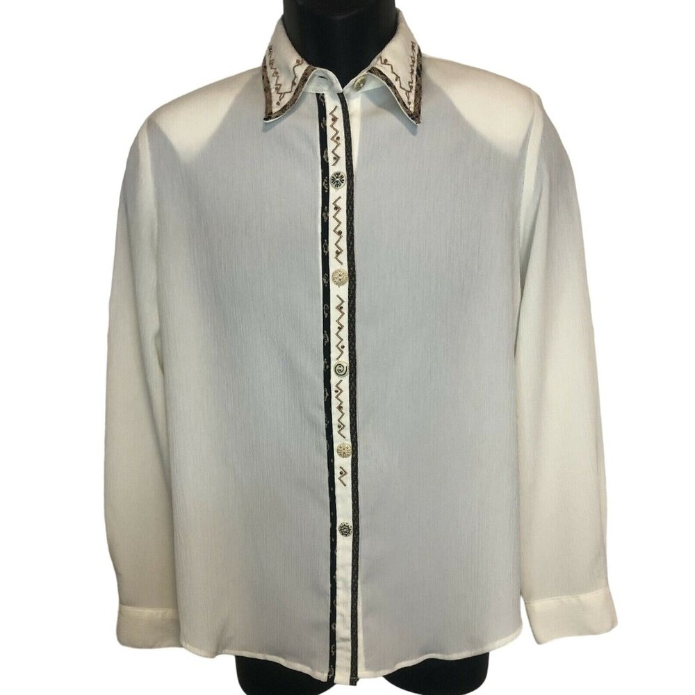 Nada Valley Women’s Size Small Ivory Button Up Shirt Embroidered Geometric